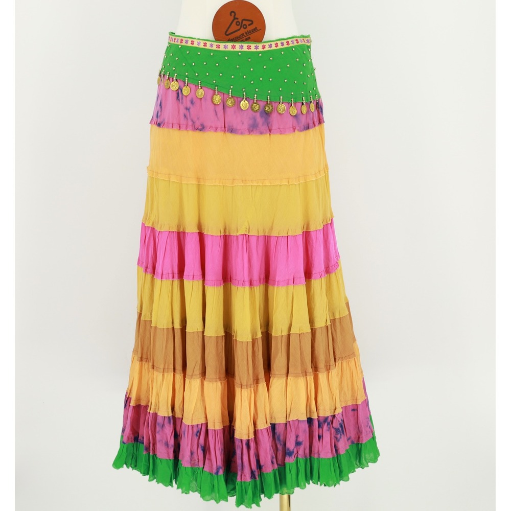 Chaudry Sports Tiered Maxi Skirt Bohemian Beaded Coins Size Small NWOT Festival